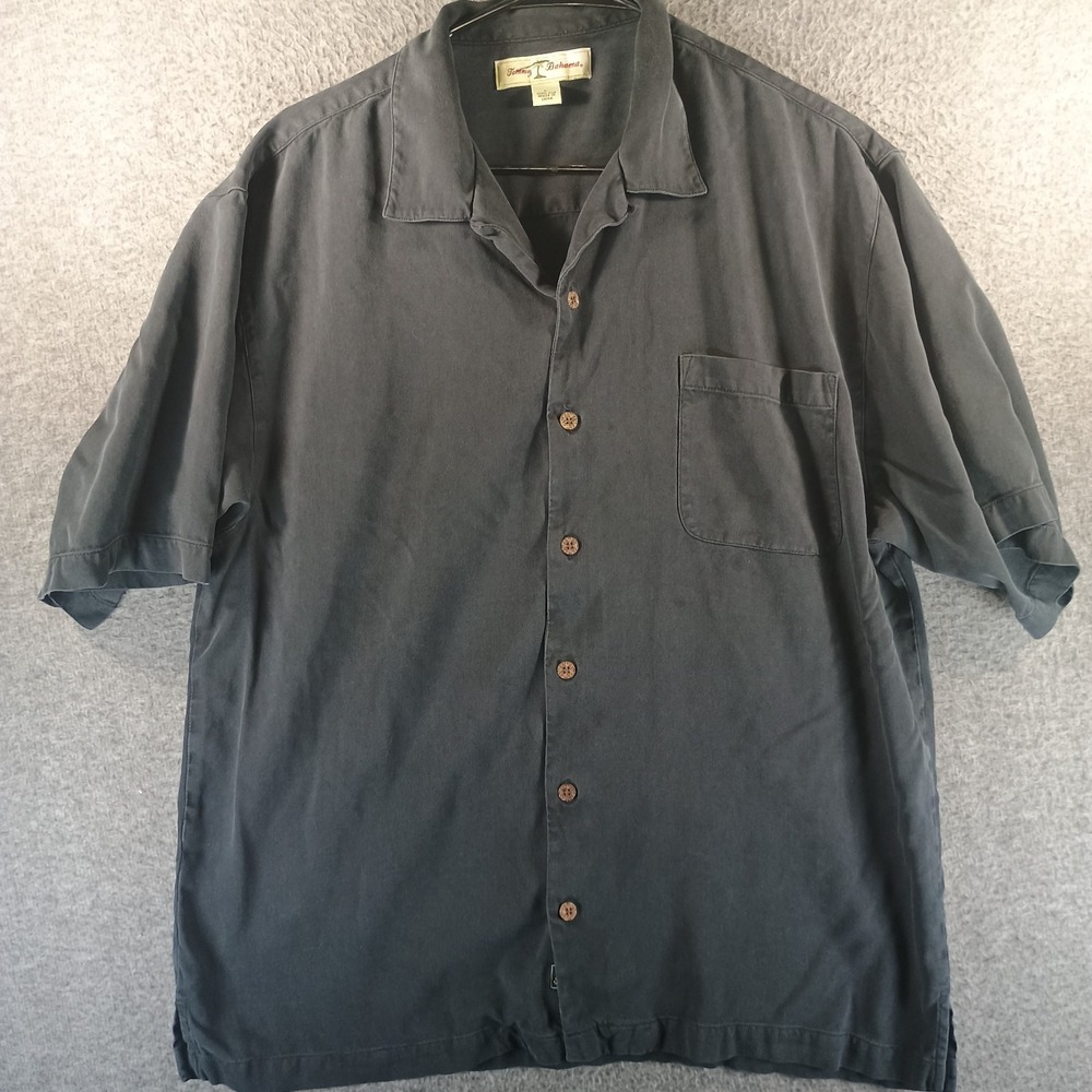 Tommy Bahama Hawaiian Camp Shirt Mens XL 100% Silk Black Pocket Short Sleeve